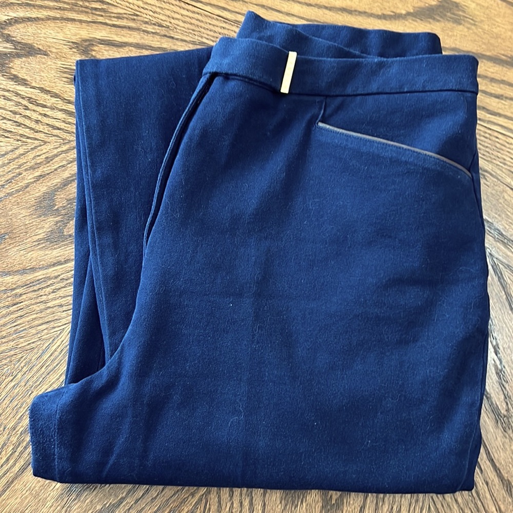 Ralph Lauren Navy Blue Trousers Classic High-Rise leather trim Sz 16